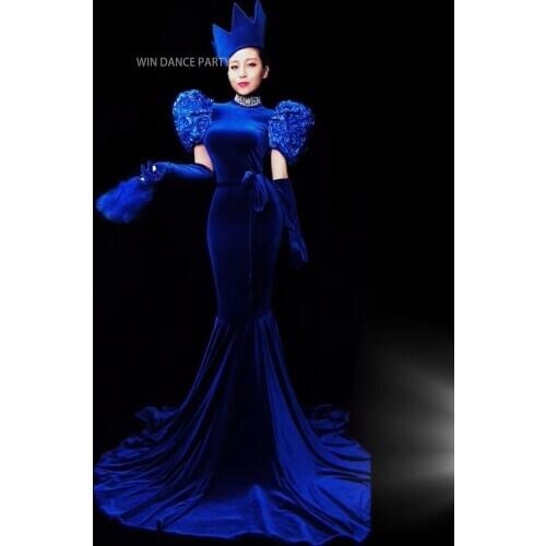 Crown Singer Stage ballroom Velvet Dance Costumes Evening skirt Party Long Tail Dresses Outfit Women Performance clothe Backless