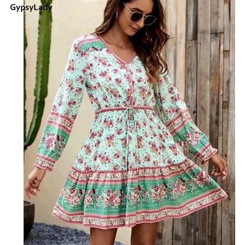 GypsyLady Spring New Floral Print Mini Dress Vintage Casual Chic Summer Women Dress Long Sleeve V-neck Button Front Female Dress