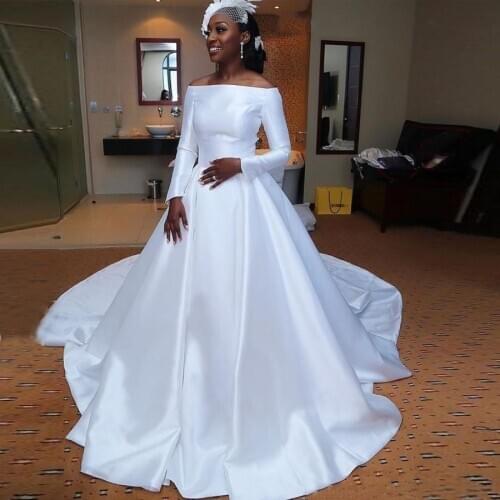 White Boat Neck Satin A-line Court Train Long Sleeve Wedding Dresses 2020 Arabic Style Bridal Wedding Gowns vestido de noiva