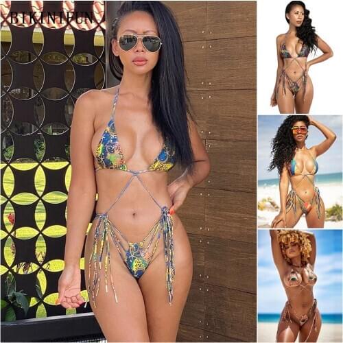 2021 New Sexy Strappy Bandage Swimsuit Triangle Bralette Swimwear Print Bathing Suit S-XL Girl High Waist Beachwear Bikini Set