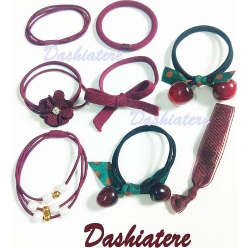 8pcs/lot Dark Red Scrunchies Bow Cherry Elastic Hair Bands Women Elasticity Rope Hoops Flower Teen Girls Accessories Headbands