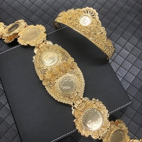 Algerian Big Size Golden Waist Chain French Coin Chain Flower Design Caftan Belts Algiers Algeria Traditional Holiday Jewelry