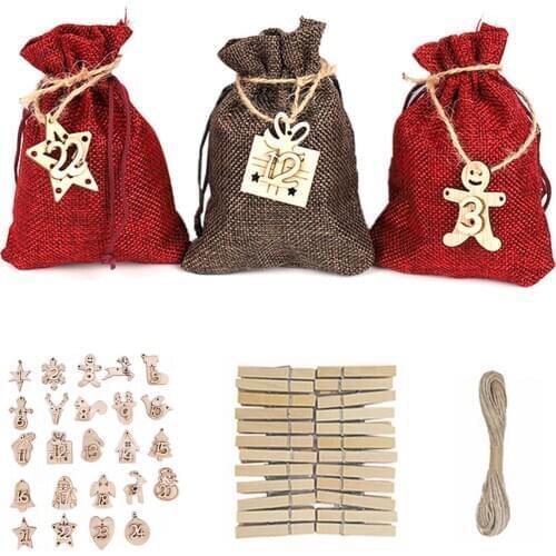 Behogar DIY 24 Days Christmas Countdown Advent Calendar Burlap Drawstring Bag Rope Wooden Clips Number Labels for Party Decor