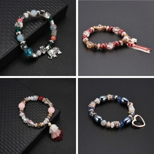 Bohemian Multilayer Imitation Bead Bracelet colorful Crystal Beads Bangle Tassel Pendant Elastic Bracelet Jewelry for women Gift