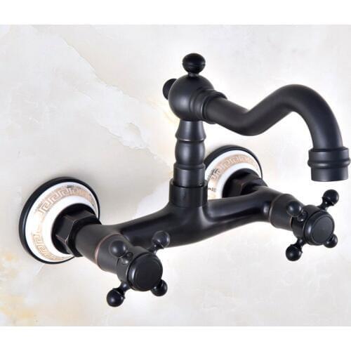 Black Oil Rubbed Bronze Bathroom Kitchen Sink Faucet Mixer Tap Swivel Spout Wall Mounted Two Handles mnf871