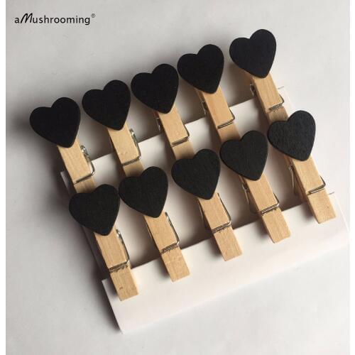 40X Baby Shower MINI Peach Heart Craft Wooden Clips Pegs for Party Event Wedding Decoration Black Heart Banner Clothespins Black