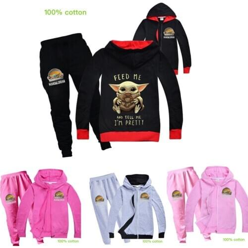 Kids Girls Sports Suit Mandalorian Baby Yoda Autumn Childrens Hooded Long-Sleeved Jacket Two-Piece Casual Student Clothing Suit