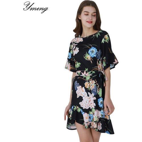 YMING Floral Print Boho Elegent Women Dress Half Sleeve Evening Party Dresses Tie Side Black Beach Sundress Office Ladies Dress