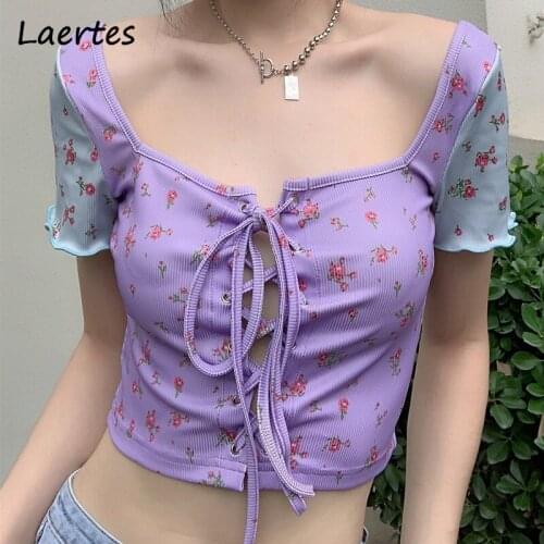 Laertes Summer Bloues Purple Print Womens T Shirt Drawstring Cross Strap Sexy Short Sleeve Party Tank Top Casual Floral Bloues