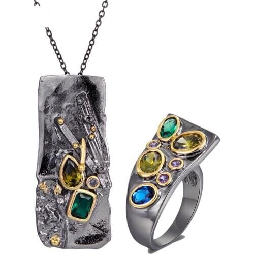 New Color Zircon Gothic Collection Rectangle Pendant Necklace Ring Set Women Exaggerated Personality