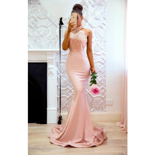 Simple Robe Mermaid Lace Pink Bridesmaid Dresses Sexy Backless Halter Applique Prom Dresses Party Gowns