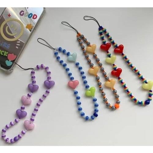 Cute Acrylic Beads Phone Chian Lanyard Handmade Beaded Hanging for Mobile Phone Cord String Ornament Accessories Random Color