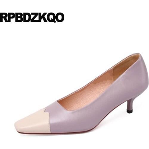 High Heels Medium Lavender Square Toe Size 33 2021 Retro Pumps Genuine Leather Thin Ladies Kitten Shoes Women Multi Colored Chic