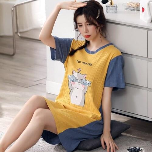Sleeping Skirt Female Summer New 2021 Pure Cotton Cat And Fish Wear Korean Version Ins Splicing Short Sleeve Skirt T Pajamas