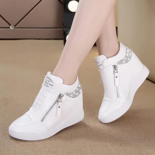 Plus Size 42 Women Wedge Sneakers Side Zipper PU Leather Casual Flat Shoes Sequins Thick Bottom White Shoes Internal Heighten