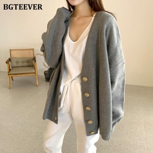 BGTEEVER Casual Loose V-neck Solid Female Cardigans Sweaters Autumn Winter Single-breasted Women Knitting Outwear Tops 2020