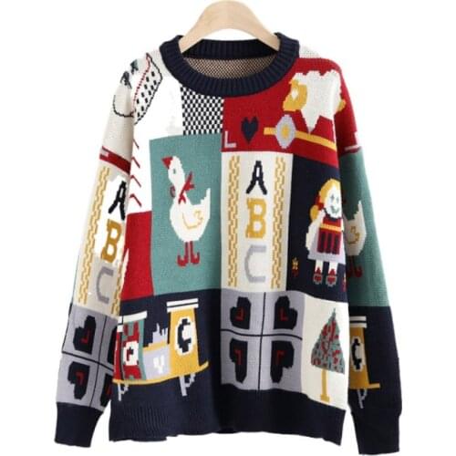 Cartoon Duck Embroidery Knitted Women Pullover Sweaters 2020 Winter Long Sleeve O-neck Casual Sweet Ladies Cute Top