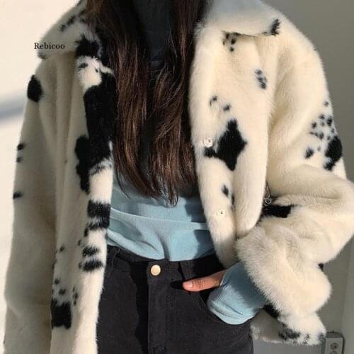 Winter Black and White Faux Mink Fur Coat Women Short Turn-down Collar Thick Warm Overcoat Korean Sweet Plush Coats New