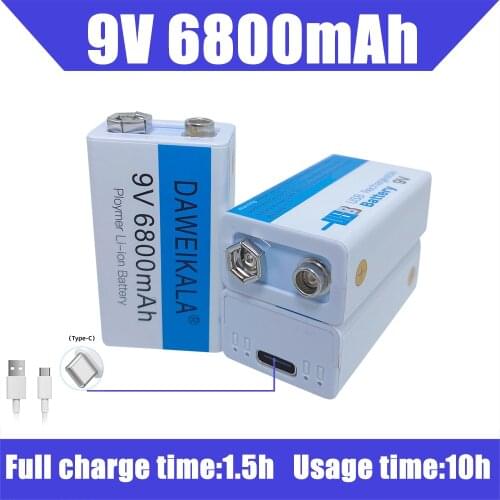 9V battery 6800mAh li-ion Rechargeable battery Micro USB Battery 9v lithium for Multimeter Microphone Toy +USB charging cable