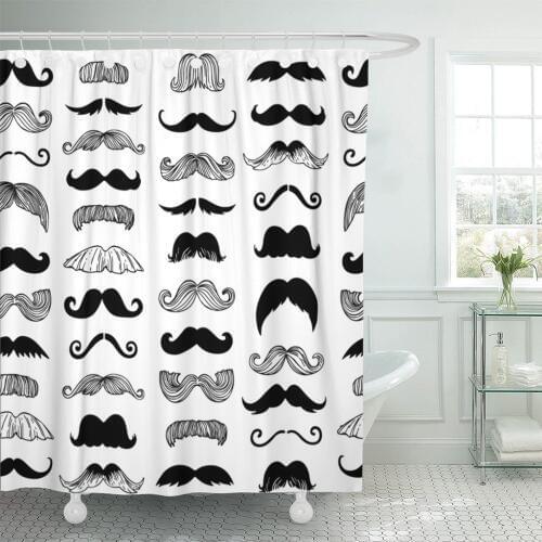 Black Beard Vintage Style Moustaches Doodle Hair Shower Curtain Waterproof Polyester Fabric 72 x 72 inches Set with Hooks