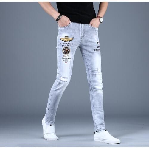 Summer Men Embroidery Ripped Jeans Man Fashion Slim Fit Stretch Pencil Pants Streetwear Jean Letter Badge Denim Trousers