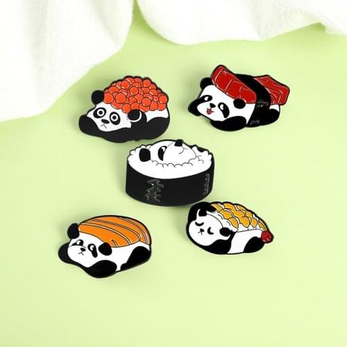 Sushi Panda Enamel Lapel Pins Creative Rice Ball Japanese Food Badges Baby Bear Cute Jewelry Hat Bag Accessories Gift for Kids