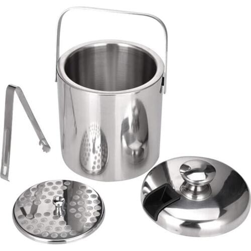 Stainless Steel Ice Square Container Double Walled 1.3L Ice Bucket Container with Tongs Lid