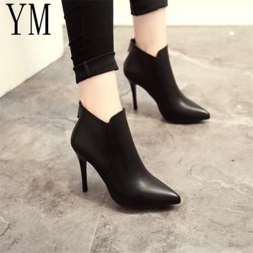 Fashion Patent leather PU Pointed Toe High Heel Boots Shoes Woman Zipper Ankle Boots Women Shoes Thin Heel Women Boots 35-39
