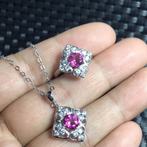 Natural Topaz Set, Round Gemstone, Red, Ring Necklace, 925 Silver, Classic