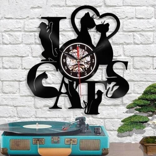 I Love Cats Record Wall Clock Vintage LED Vinyl Clock Kitten Art Silent Unique Decorative Clock 3D Hanging Wall Clock WY72311