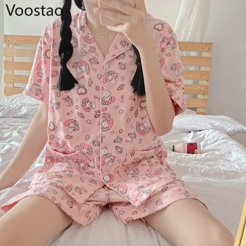 Sweet Lolita Style Pajama Set Girls Kawaii Cartoon Print Sleepwear Homewear Summer Women Harajuku Anime Tops Shorts Pijama Mujer