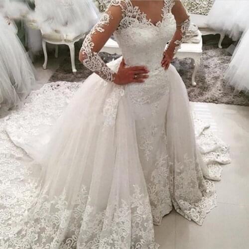 Luxury Lace Long Sleeve Mermaid Wedding Dress Detachable Skirt Backless Court Train Saudi Arabia Bridal Wedding