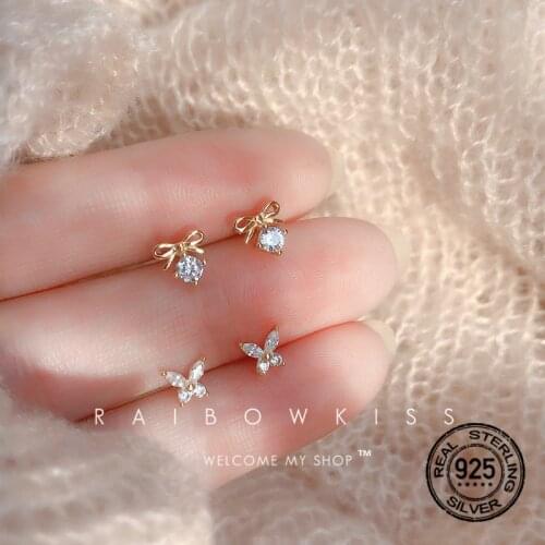 S925 Silver Earrings For Women Zircon Butterfly Bow Gold Korean Delicate Fashion Simple Retro Design Girl Wedding Jewelry INEFFA