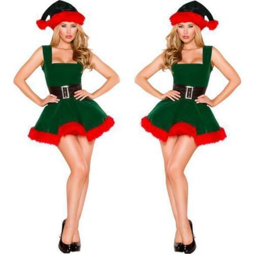 Sleeveless Sexy Green Christmas tree Costumes Sexy Christmas Dress Santa Claus Costumes for Adults Uniform including hat