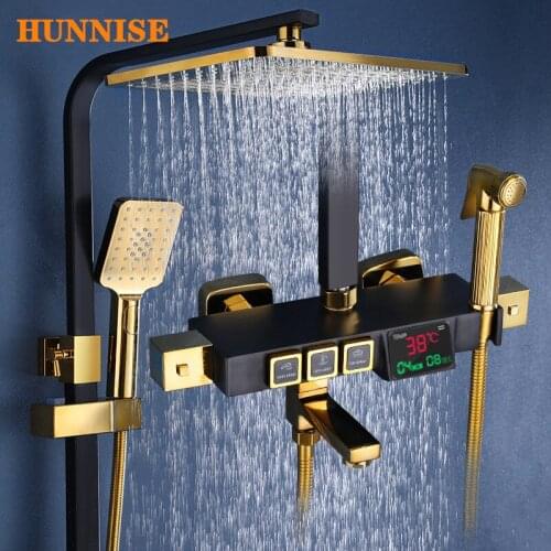 Luxury Modern Bathroom Shower Water Faucet Mixer Inwall Mounted Brass Shower Set with Bidet Digital Temperature Display Faucet