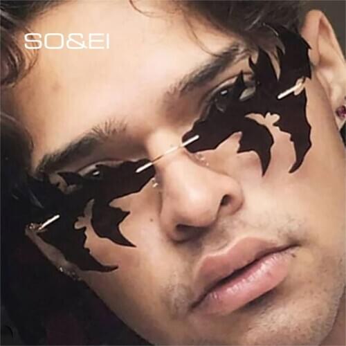 SO&EI Fashion Unique Shape Rimless Sunglasses Women Vintage Clear Ocean Lens Eyewear Men Cat Eye Sun Glasses Shades UV400