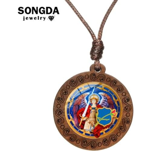 SONGDA Christian Archangel St.Michael Necklace Protect Me Saint Shield Protection Handmade Glass Cabochon Wood Pendant Necklace