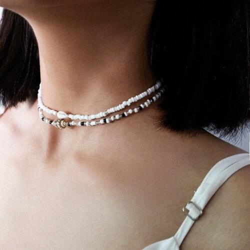 Temperament short wild handmade jewelry with mixed color rice beads simple conch multi-layer necklace for female gifts