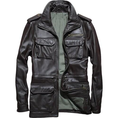 Spring and Autumn Cow Leather Coat Mens Genuine Clothes First Layer Cowhide Jacket Lapel Pockets Size M - 5XL