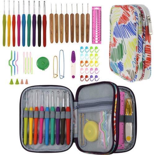 Crochet Hook Needles Set & Case/ Extra Long Soft Grip Handles Hooks&Bamboo Handles Hook for Arthritic Hands Knitting Accessories