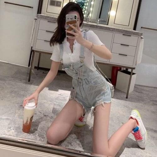 2021 Fashion Clothes Heavy Diamond Tassel Denim Women Jumpsuits Loose Single-breasted Hole Playsuits