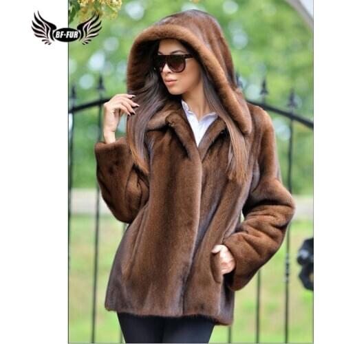 BFFUR Fashion Women Real Mink Fur Coat With Hood Winter Warm Natural Mink Fur Jackets Plus Size Female Overcoats Full Pelt Woman