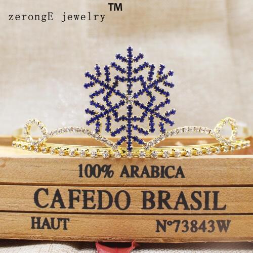 ZerongE jewelry 2.2" elegant gold royal blue homecoming tiara shiny crystal snowflake tiara for girls