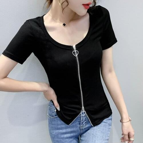 Summer The New Zipper cardigan O collar T Shirt Women Short sleeve Slim Tshirt Tops woman t shirts Large size