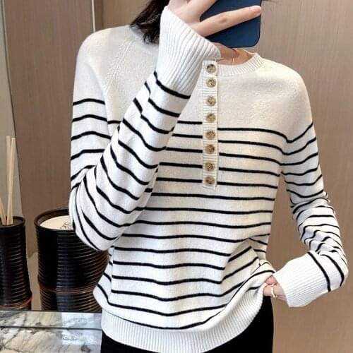 Hot Sale 100% Wool Womens Sweaters And Pullovers Autumn Female O-Neck Long SLeeve Striped Soft Jumper Tops Spring Casual