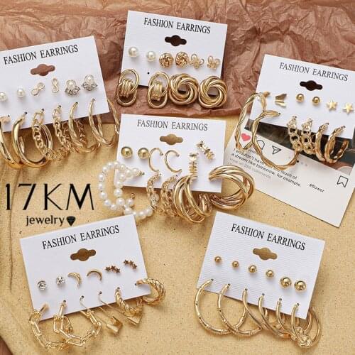 17KM Fashion Gold Chain Hoop Earrings Set For Women Girls Elegant Geometirc Pearl Circle Hoop Earrings 2021 NEW Jewelry Gift