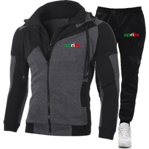 2021 New Motorcycle Aprilia Double Zipper Mens Printing Warm Jacket Tops+Pants Casual Fashion Fitness Running Sportswear Suit