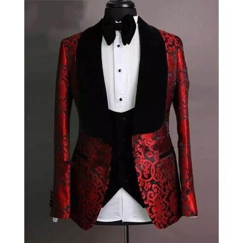 2021 New Black With Burgundy Paisley Men Suits 3 Pieces Slim Fit Costume Homme Suits Groom Tuxedos Wedding (Blazer+Pants+Vest)