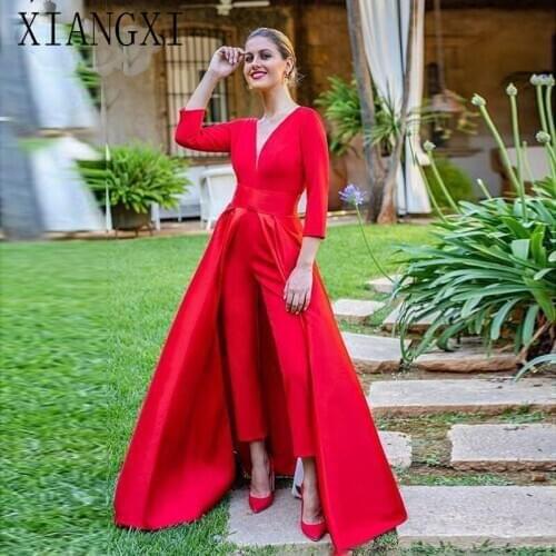 2020 New Red Jumpsuits Prom Dresses 3D Long Sleeves V Neck Formal Evening Party Gowns Cheap Special Occasion Gowns with Pants