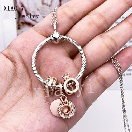 XIAOYI 2020NEW S925 Rose color 0 pendant small crown logo Amulet Necklace DIY wedding accessories suitable for Europe female